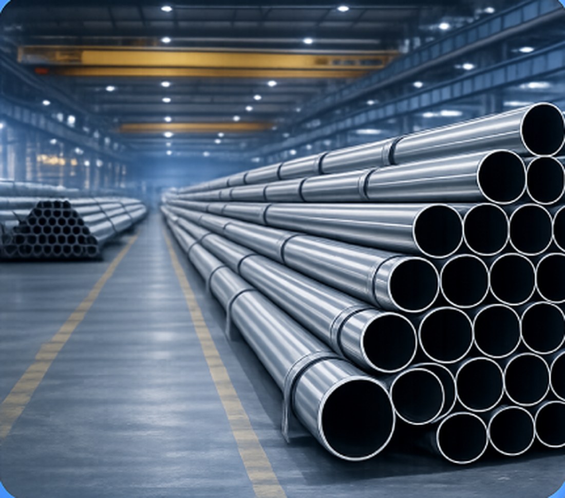 Stainless steel pipes stacked inside the Moonlight Tube Industries manufacturing plant in India
