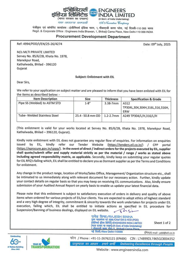 EIL Enlistment certificate issued by Engineers India Limited