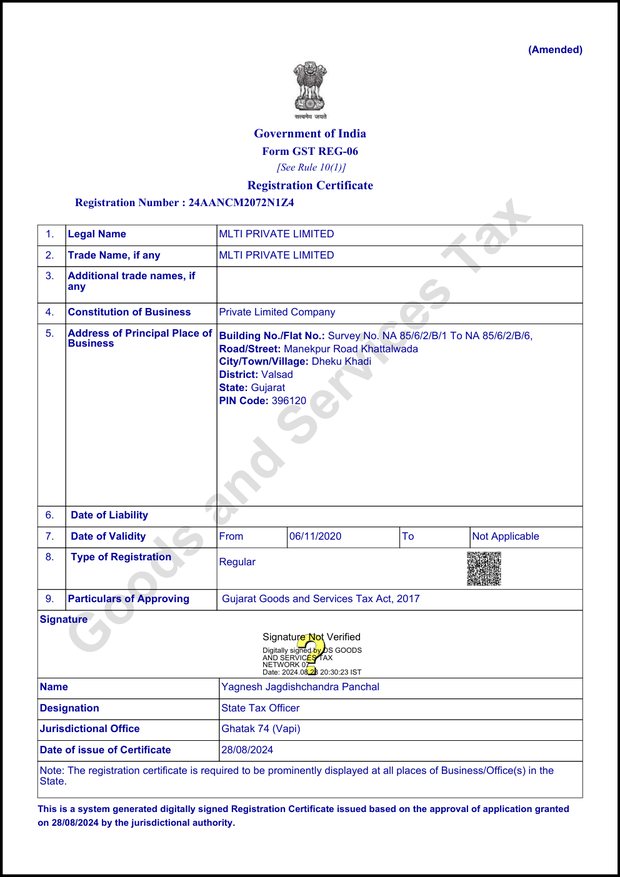 GST Registration certificate issued by Government of India