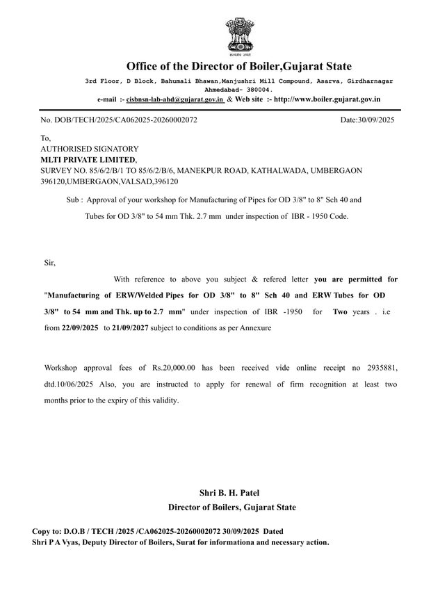 IBR Approval certificate issued by Office of the Director of Boilers, Gujarat State
