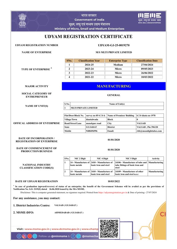 Udyam Registration (MSME) certificate issued by Ministry of Micro, Small and Medium Enterprises